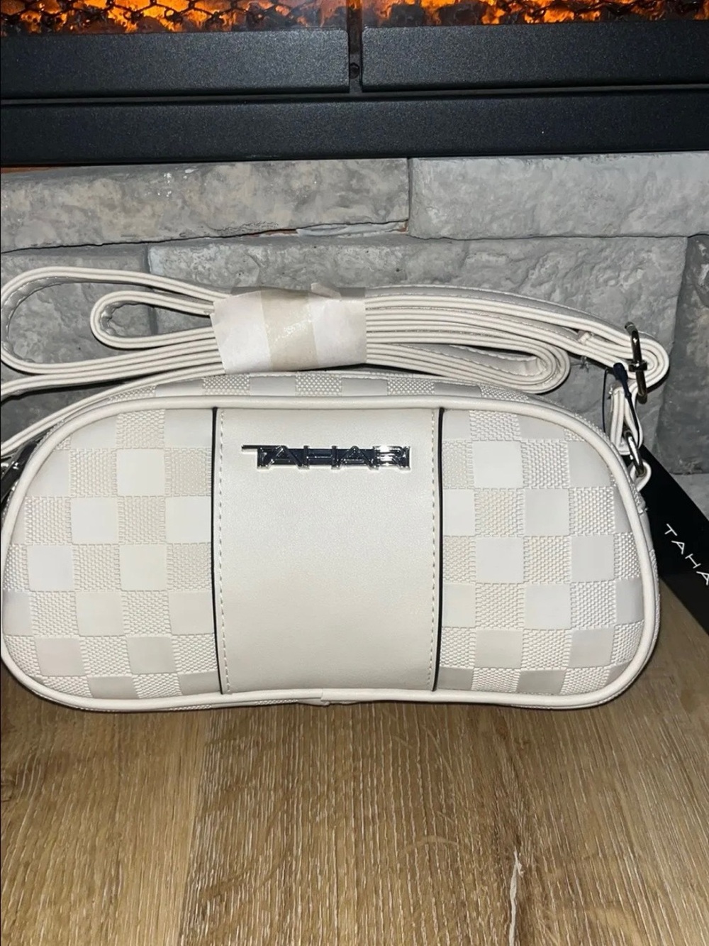 Tahari Cream White Checkered Crossbody Bag with Silver Logo